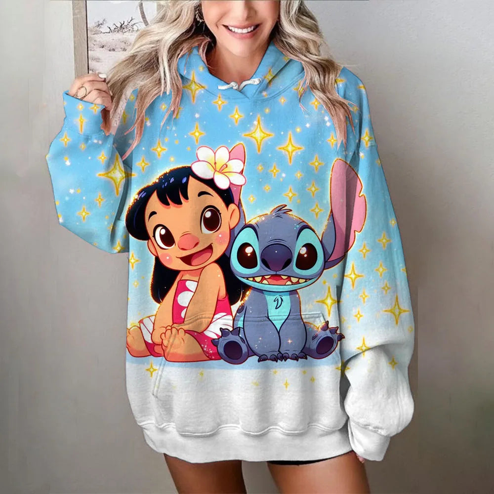 Amnesia - Disney Stitch Baskılı Kadın Bol Hoodie